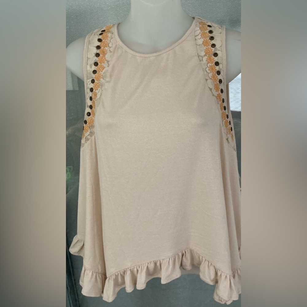 Taylor & Sage Sleeveless Ruffle Hem Embroidered Top